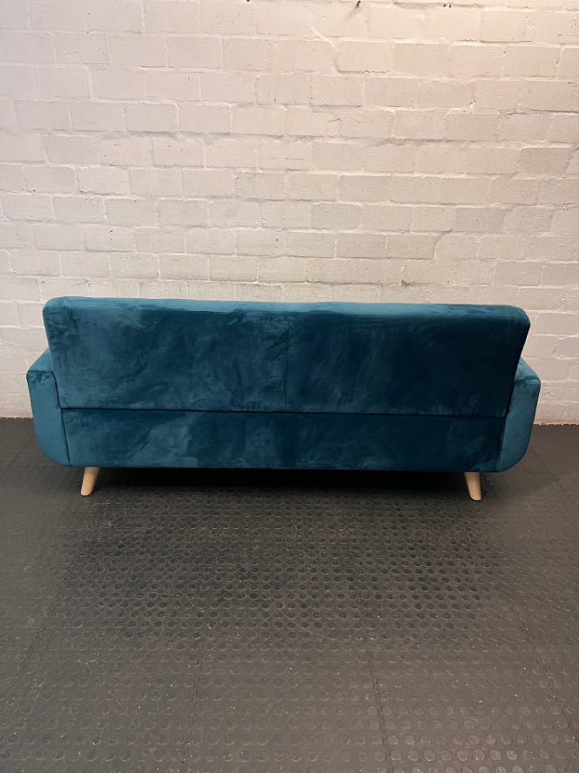 3 Seater Teal Blue Tufted Couch with Wooden Legs — Very Good Condition