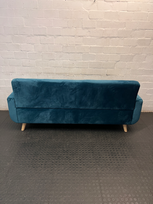 3 Seater Teal Blue Tufted Couch with Wooden Legs — Very Good Condition