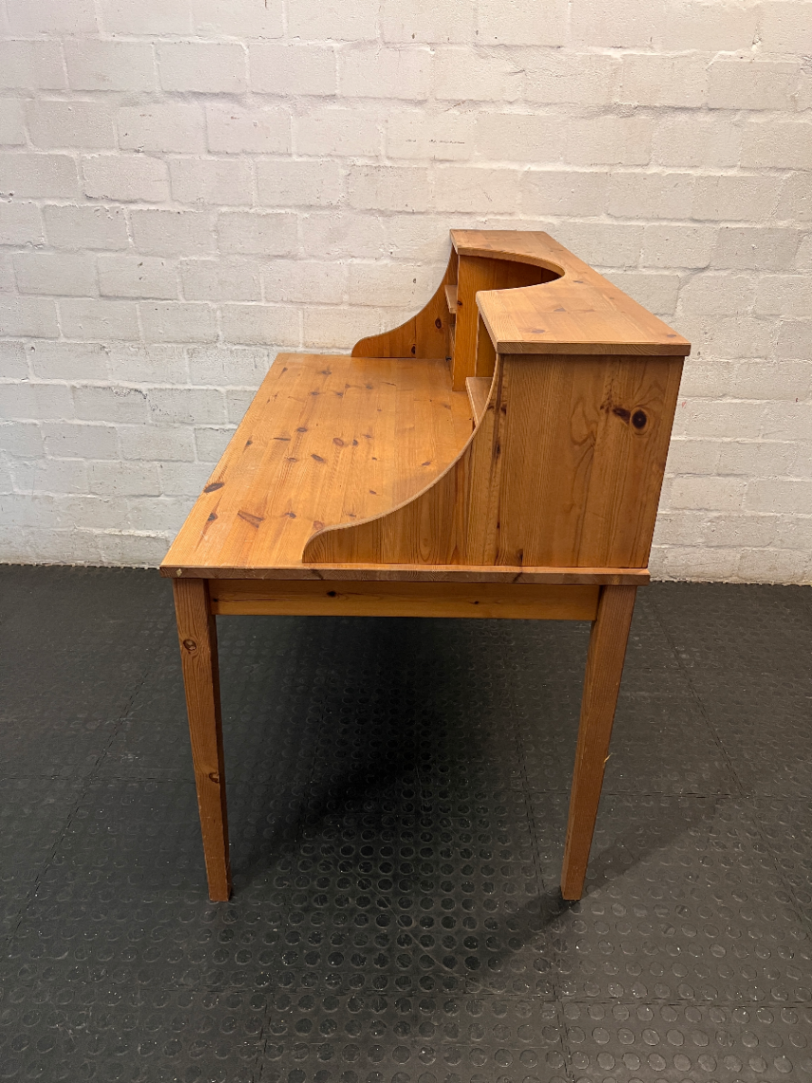 Pine Wood Office Desk with Hutch and Drawers — Fair Condition with Minor Scratches