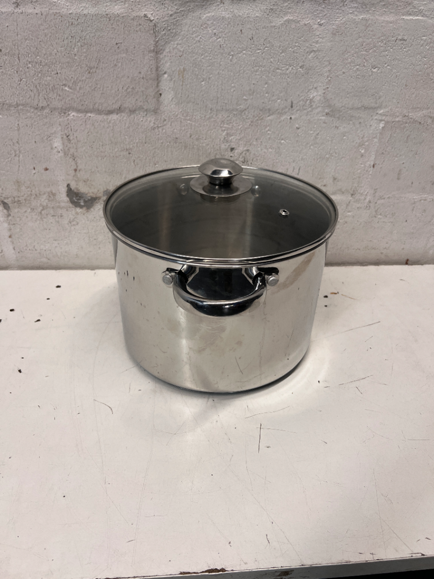 Polished Stainless Steel Pot with Glass Lid — Fair Used Condition with Surface Scratches