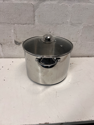 Polished Stainless Steel Pot with Glass Lid — Fair Used Condition with Surface Scratches