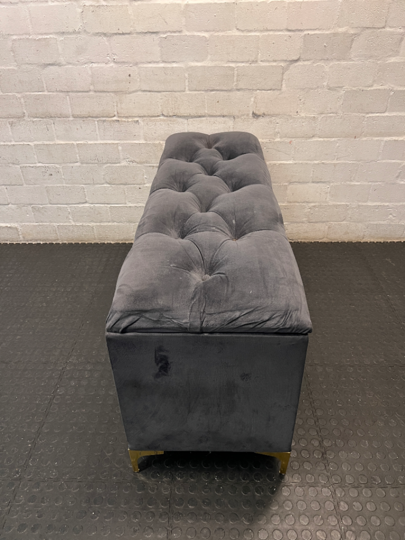 Tufted Grey Velvet Storage Ottoman with Gold Feet