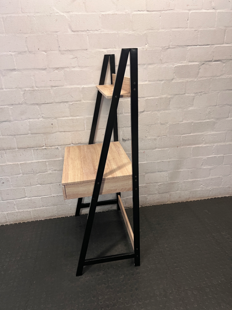 Oak Finish Ladder Desk with Metal Frame and Shelf — Slight Wear on Top Shelf Underside