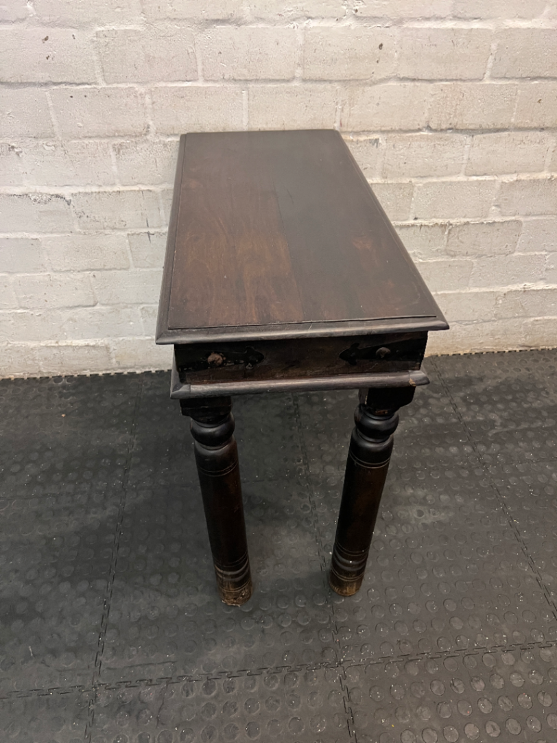 Dark Wood 2-Drawer Console Table with Turned Legs — Good Condition