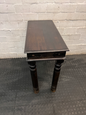Dark Wood 2-Drawer Console Table with Turned Legs — Good Condition