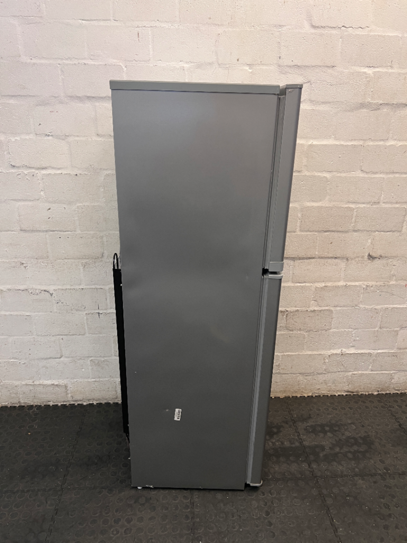 KIC Top-Mount Fridge Freezer in Silver — Working Order with Chipped Door Shelf