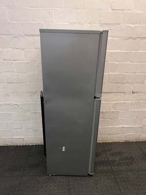 KIC Top-Mount Fridge Freezer in Silver — Working Order with Chipped Door Shelf