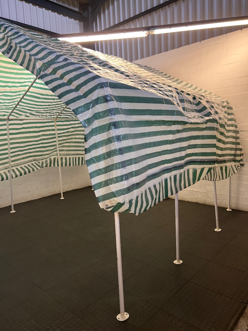 Striped Green and White Portable Canopy Carport — Fair General Condition