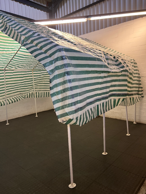 Striped Green and White Portable Canopy Carport — Fair General Condition