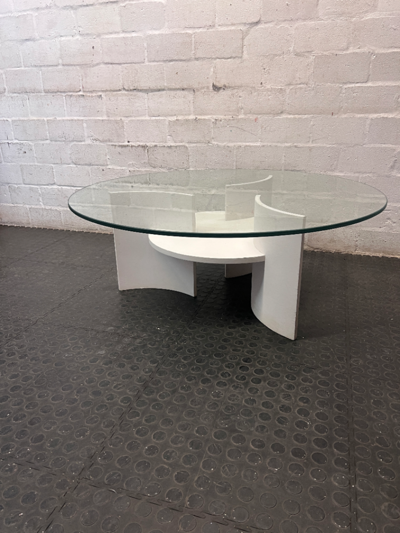 Round Glass Coffee Table with Designer White Base — Well Used Condition