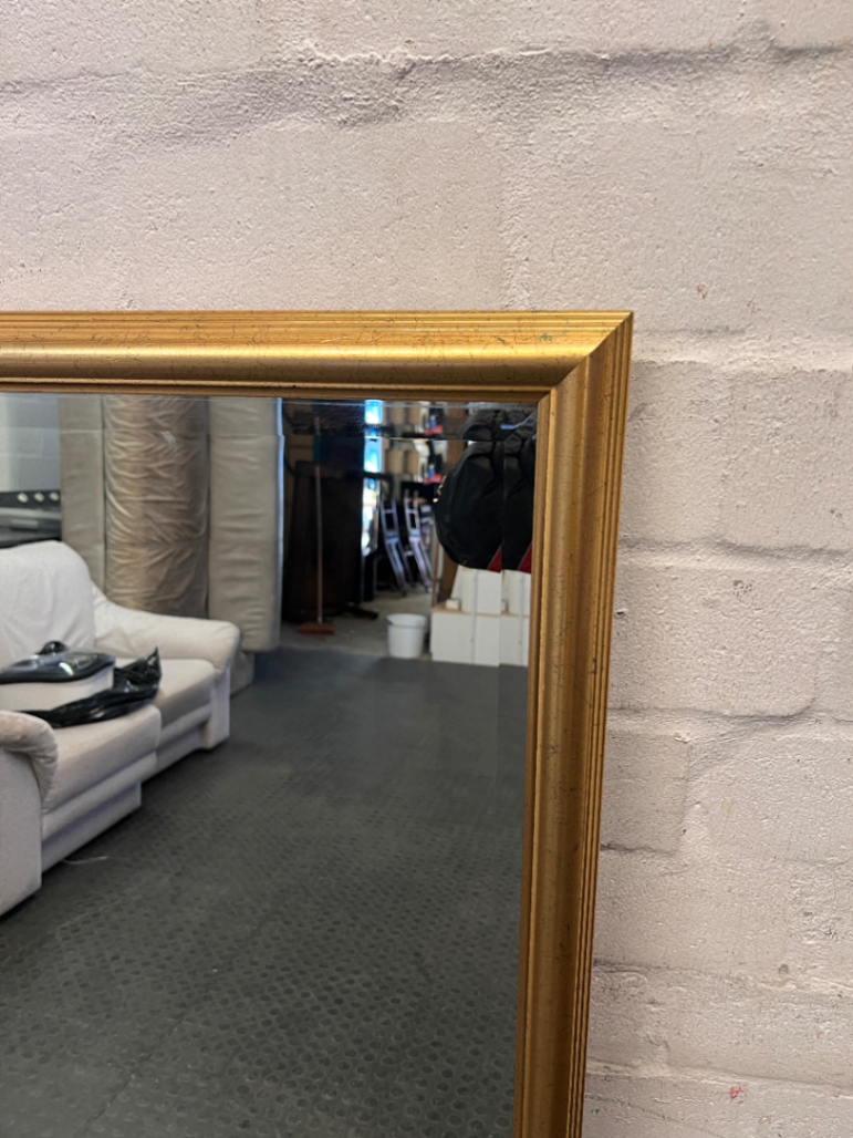 Rectangular Wall Mirror with Bevelled Gold Frame — Fair Condition with Visible Wear
