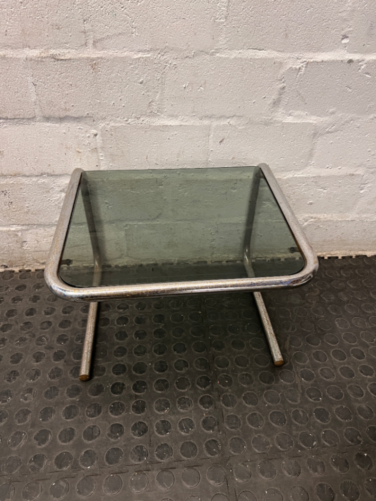 Cantilever Metal Side Table with Tinted Glass Top