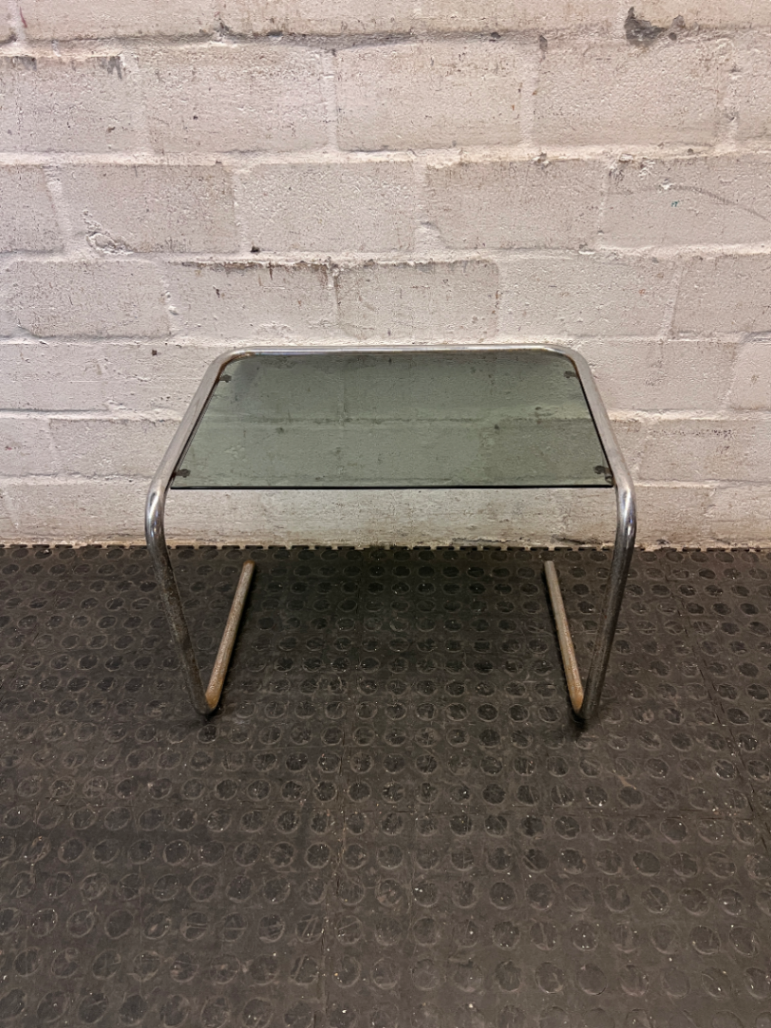 Glass Top Cantilever Side Table with Silver Frame — Well Used with Visible Wear