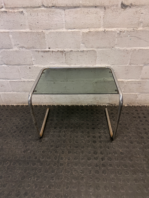 Glass Top Cantilever Side Table with Silver Frame — Well Used with Visible Wear