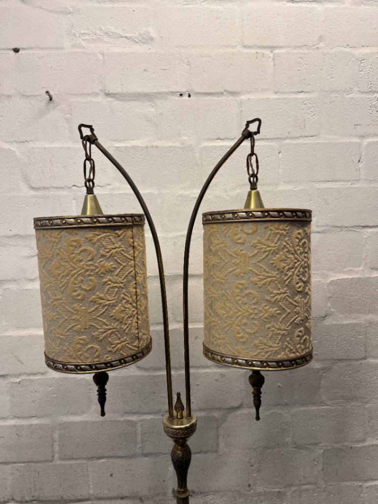 Vintage Double Arch Gold Floor Lamp with Patterned Shades — Well Used Condition