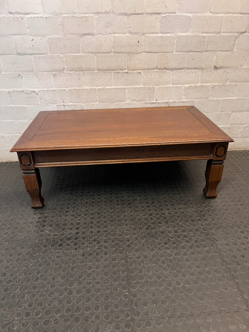 Classic Rectangular Wooden Coffee Table with Carved Legs — Fair Used Condition with Surface Wear
