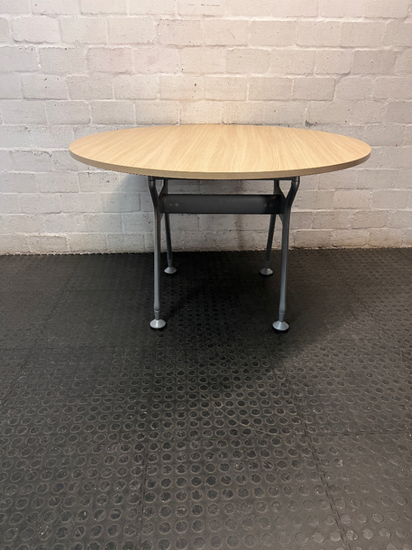 Round Oak-Toned Table with Modern Metal Base — Clean and Well-Maintained Condition