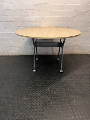 Round Oak-Toned Table with Modern Metal Base — Clean and Well-Maintained Condition