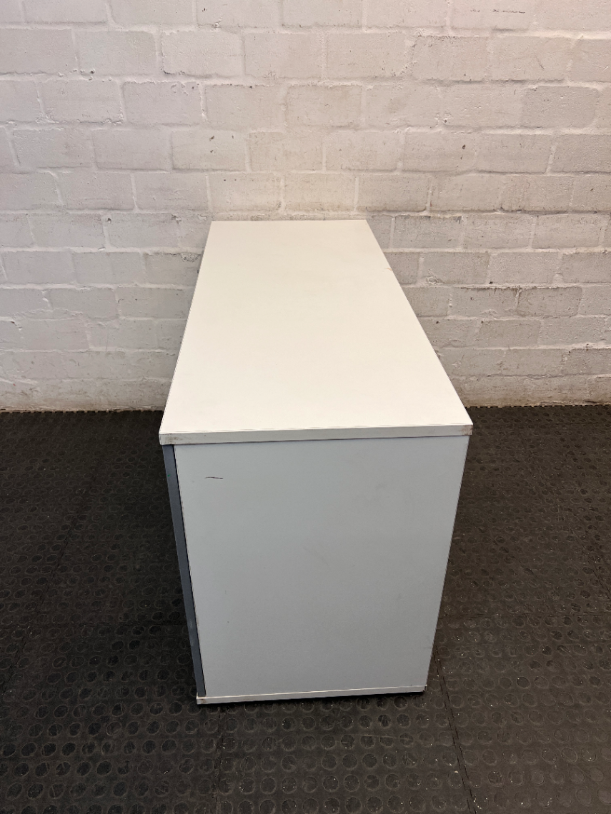 White and Silver Office Credenza with Roller Door — Good Working Order