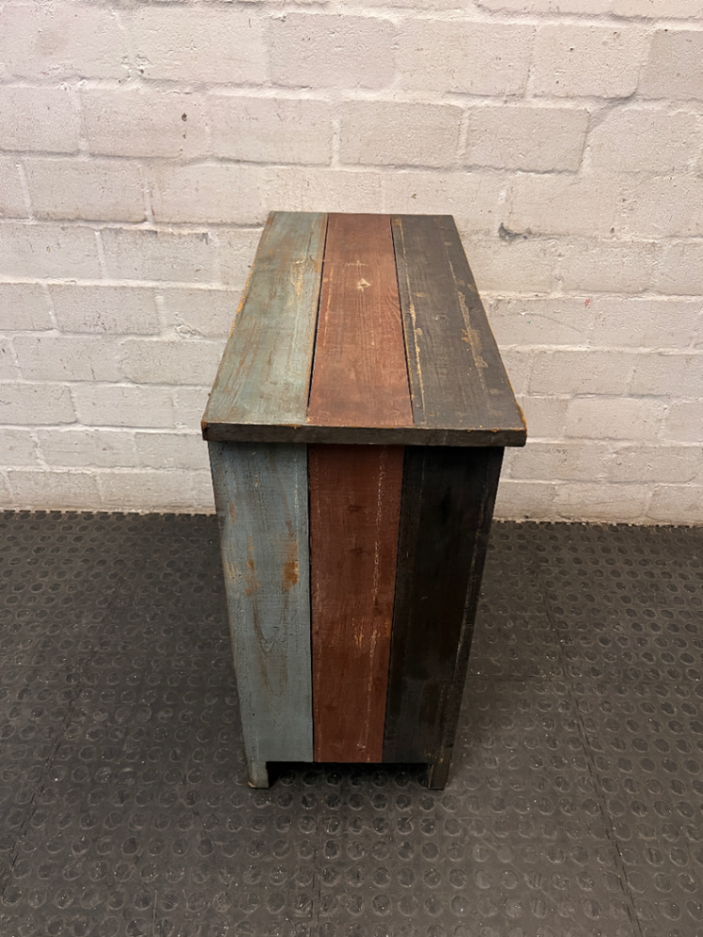 Rustic Multi-Coloured Wooden Sideboard Cabinet — Worn Vintage Finish with Visible Chips