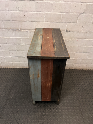 Rustic Multi-Coloured Wooden Sideboard Cabinet — Worn Vintage Finish with Visible Chips