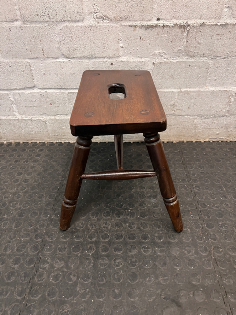 Dark Wood Low Stool with Carry Handle — Minor Surface Wear and Leg Scuffing
