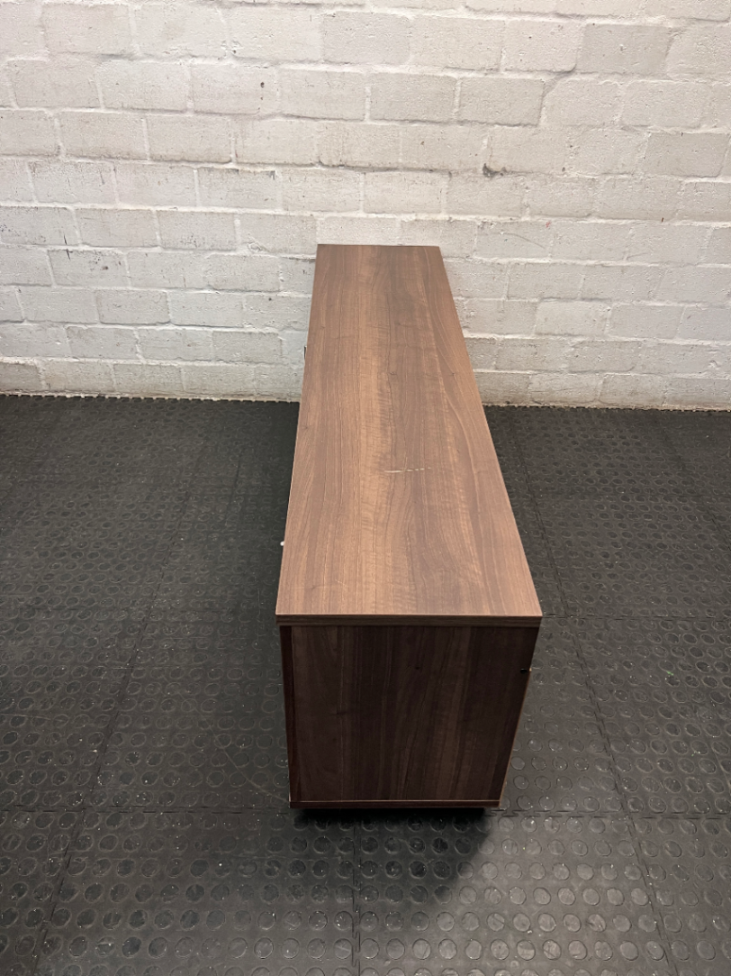 Dark Wood-Look TV Unit with Two Side Cupboards — Fair Condition with Visible Wear