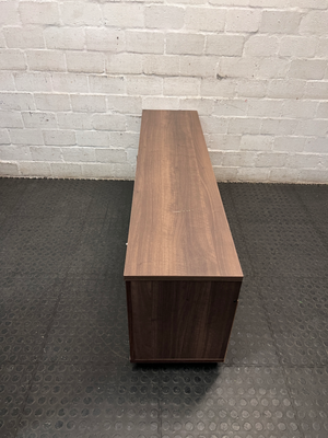 Dark Wood-Look TV Unit with Two Side Cupboards — Fair Condition with Visible Wear