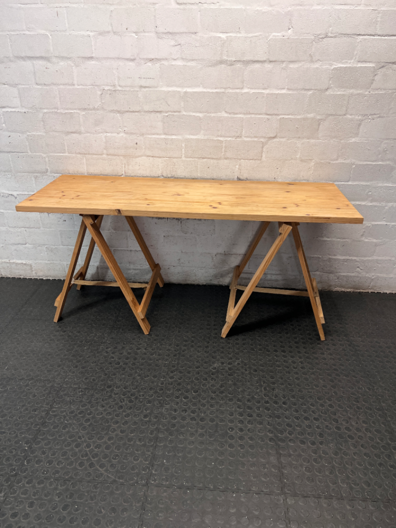 Practical Pine Wood Trestle Table — Used; Fair Condition
