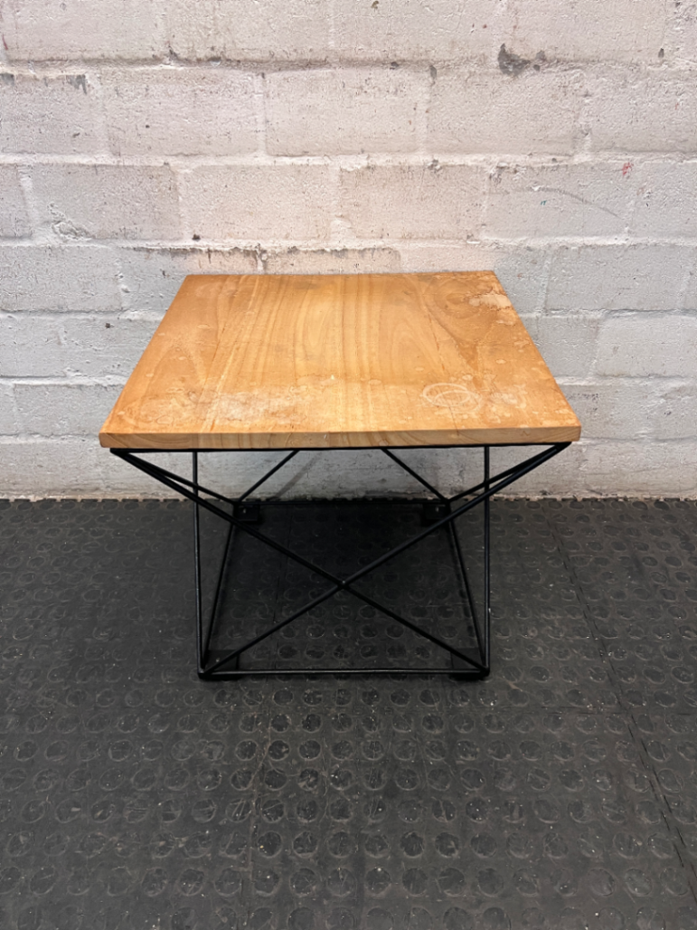 Industrial Style Square Side Table with Geometric Metal Base — Used; Fair Condition