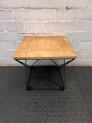 Industrial Style Square Side Table with Geometric Metal Base — Used; Fair Condition