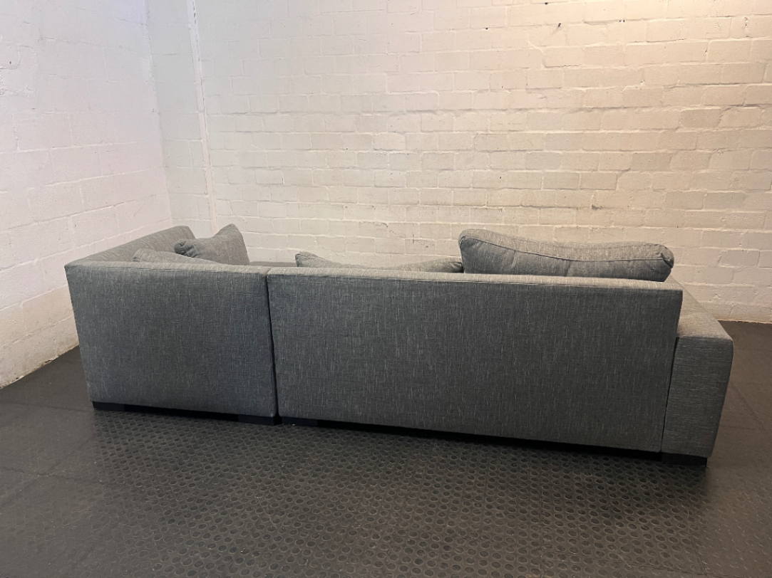Grey Textured Fabric L-Shape Couch with Chaise — Missing Seat Cushion