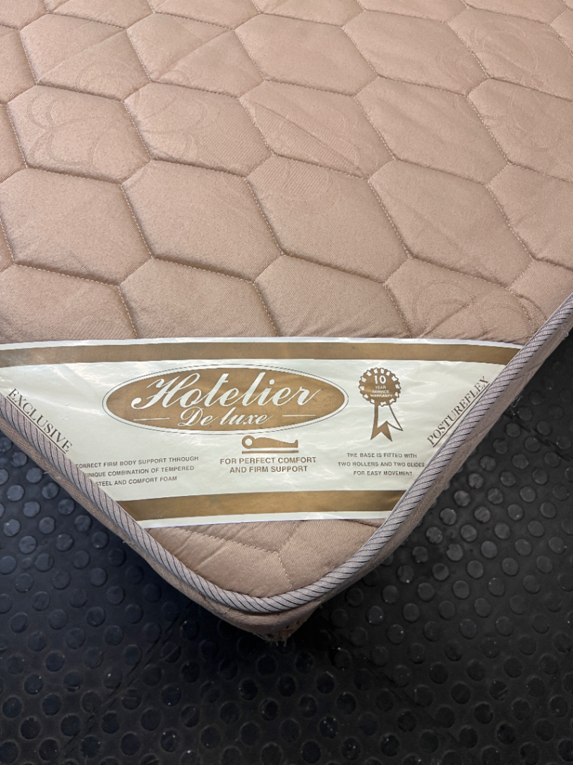 Extra Length Queen Mattress and Base Set in Beige — Fair Condition with Visible Wear