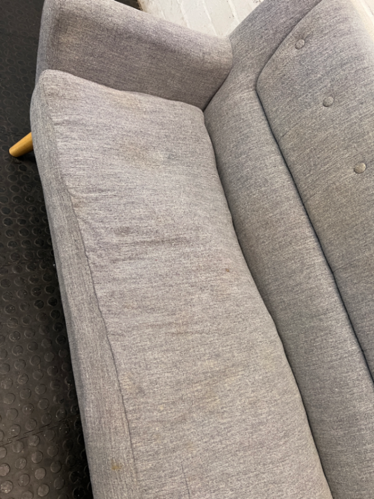 Grey Cotton 3 Seater Couch with Tapered Wood Legs — Spring Out; Functional Fair Condition