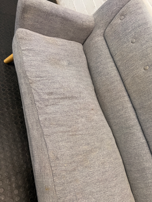 Grey Cotton 3 Seater Couch with Tapered Wood Legs — Spring Out; Functional Fair Condition