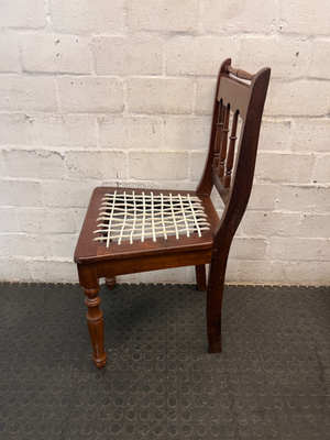 Traditional Brown Wooden Dining Chair with Woven Seat — Overall Good Condition