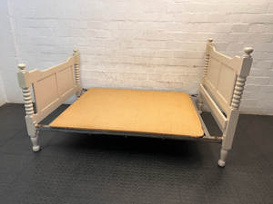 Vintage Style Cream Double Bed Frame with Spindle Posts — Fair Condition with Aged Finish and Base Patina