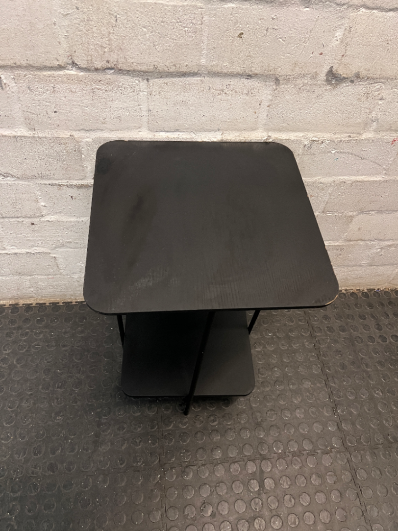 Black Minimalist Tiered Side Table — Fair Used Condition with Surface Wear