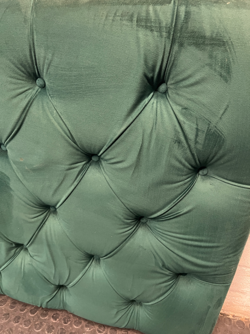 Button-Tufted Green Fabric Double Headboard — Damaged Structure and Broken Legs