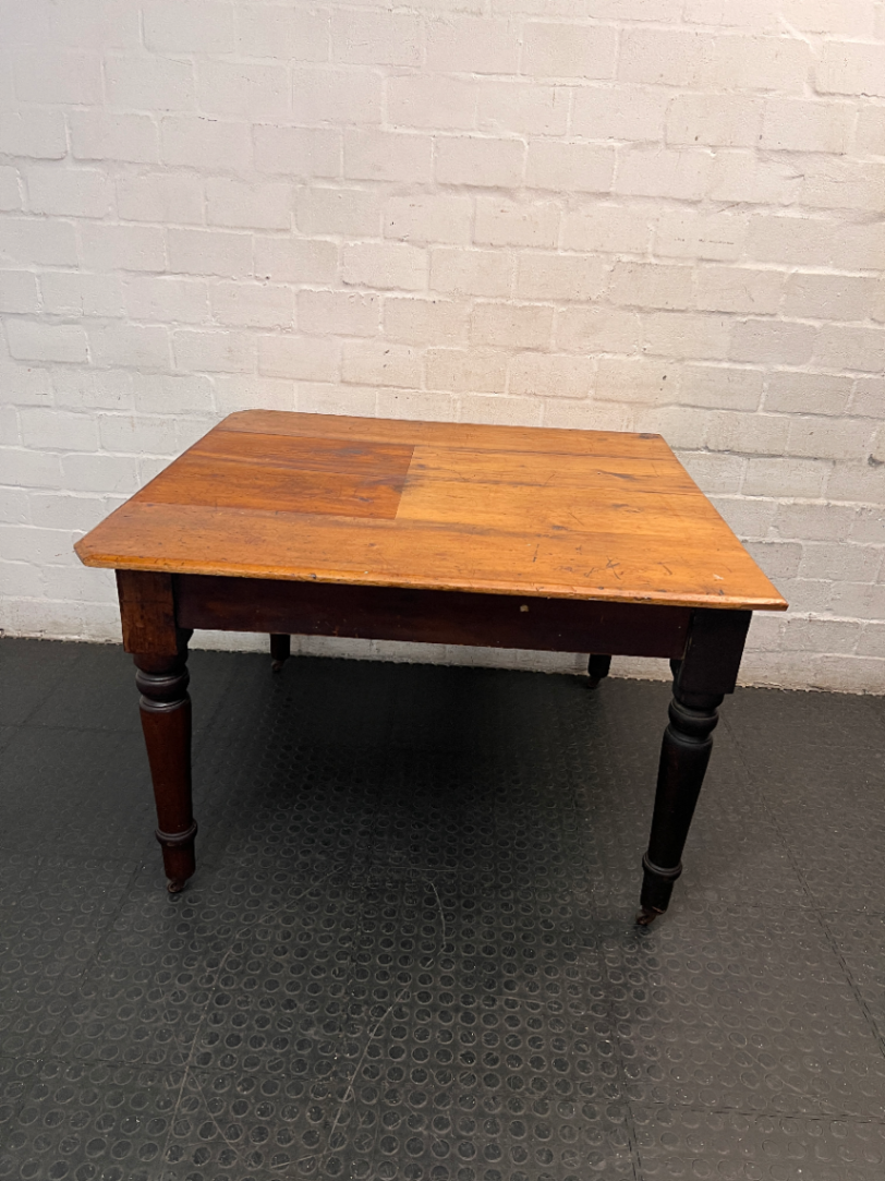 Vintage Wooden Dining Table with Turned Legs — Well Used with Significant Surface Wear