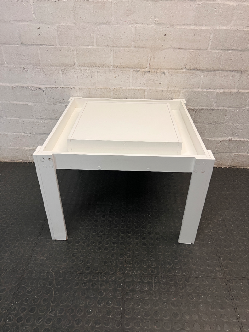 White Painted Wooden Kids Activity Table — Missing Screw Covers with Exposed Nail Heads