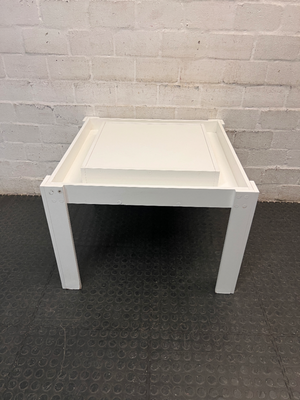 White Painted Wooden Kids Activity Table — Missing Screw Covers with Exposed Nail Heads
