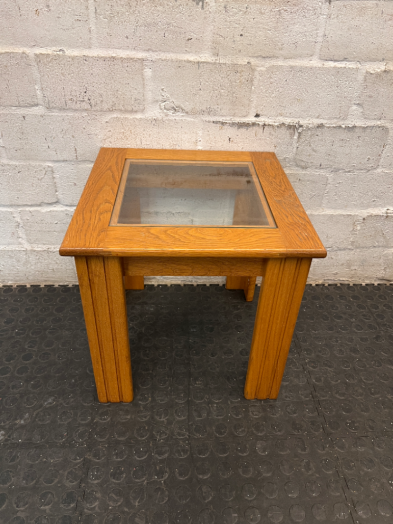 Oak-Toned Side Table with Inset Glass Top — Very Good Condition