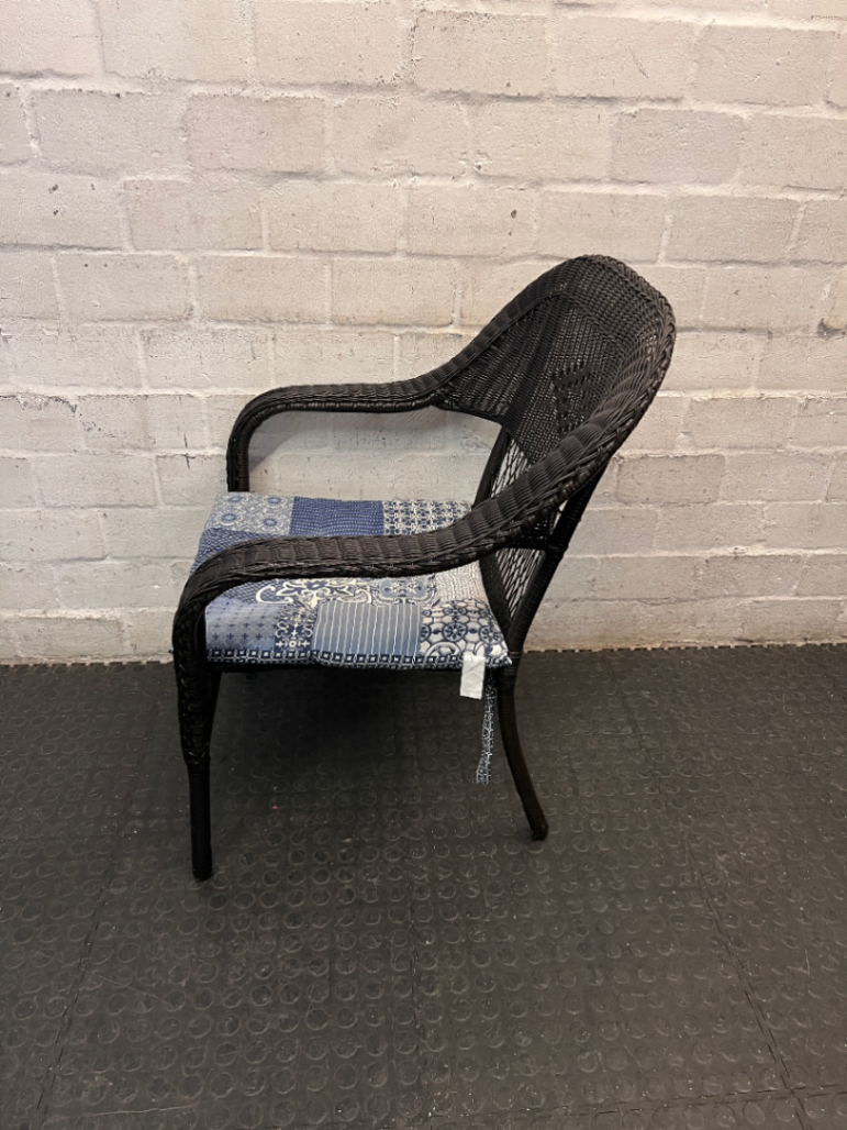 Dark Wicker Armchair with Patterned Cushion - 2ndhandwarehouse.com