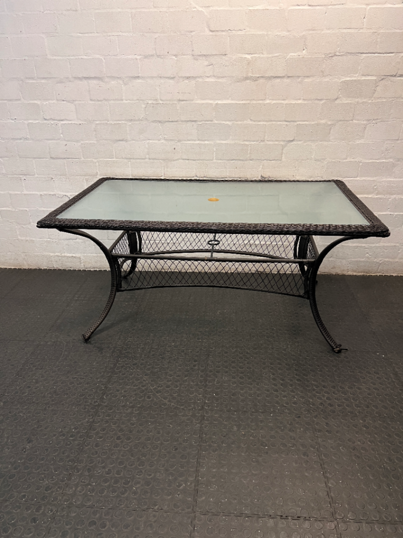Wicker and Glass Rectangular Dining Table — Very Good Condition
