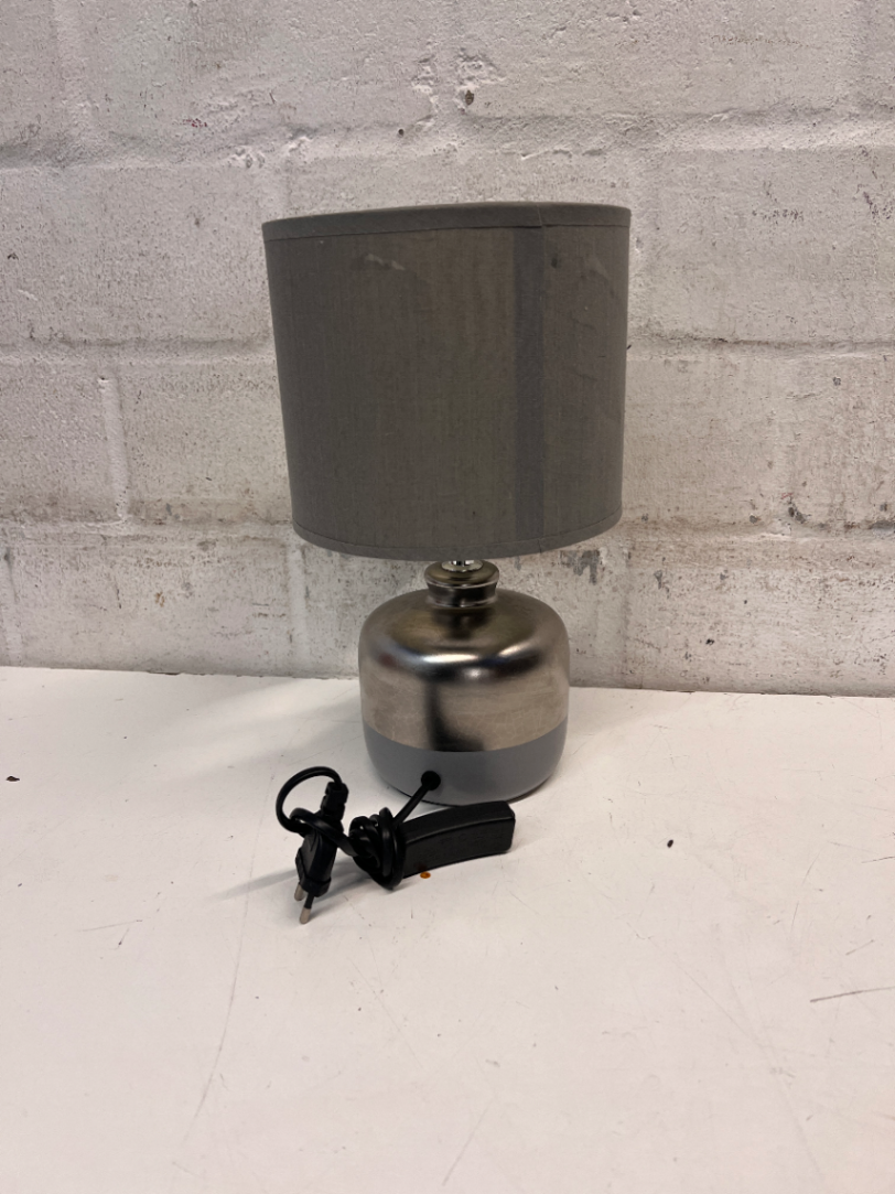 Modern Metallic Table Lamp with Grey Fabric Shade — Good Working Order