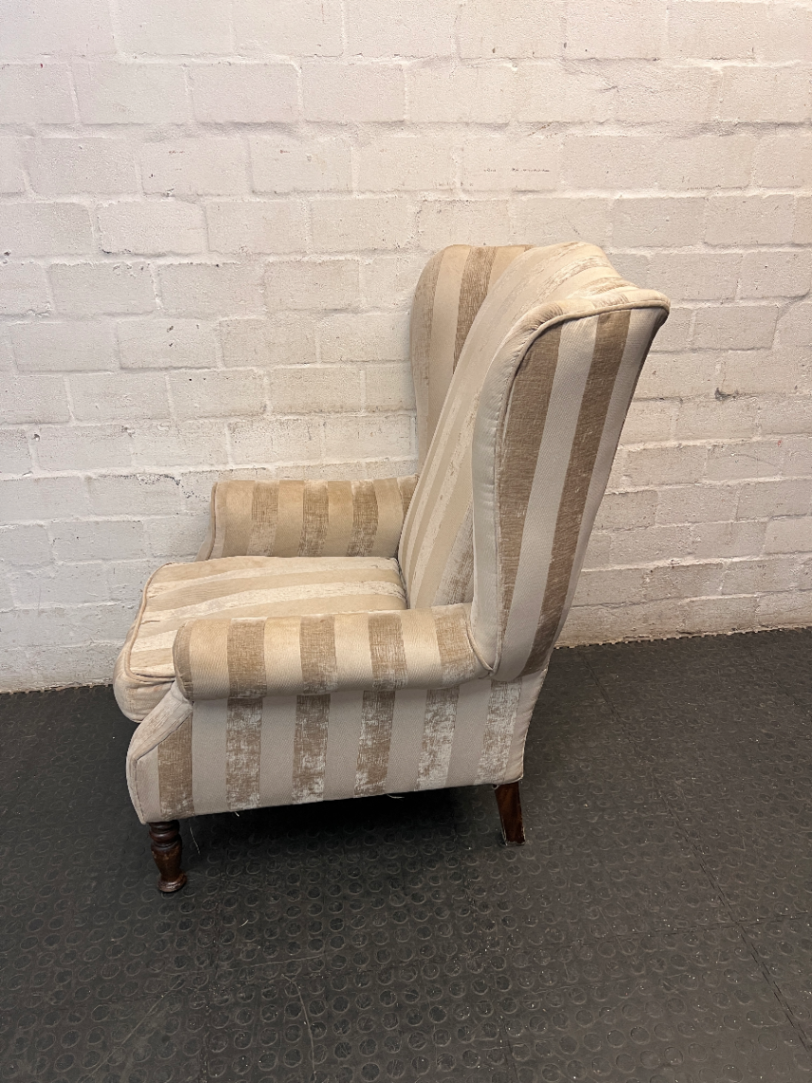 Striped Fabric Beige Wingback Chair — Good Condition