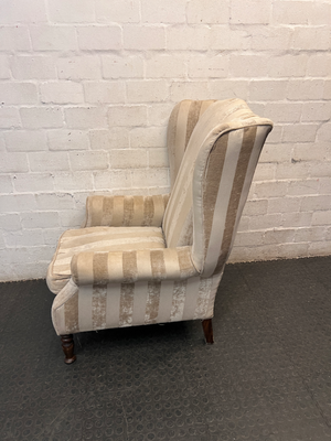 Striped Fabric Beige Wingback Chair — Good Condition