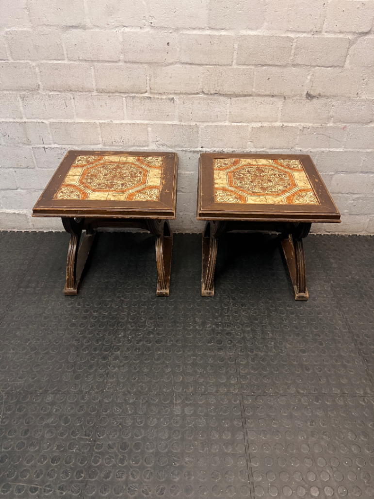 Vintage-Style Tiled Top Wooden Side Table — Significant Surface Wear and Scuffing