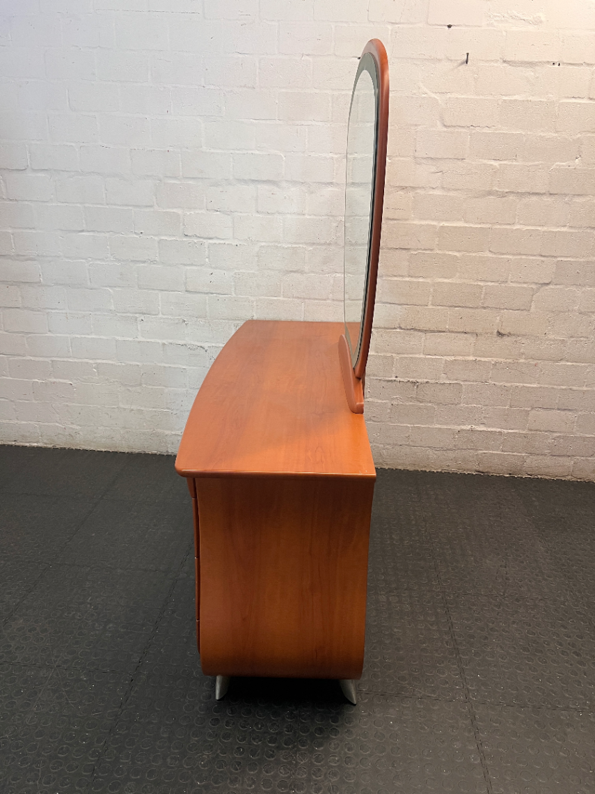 Curved Wooden Dressing Table with Large Mirror — Good Condition